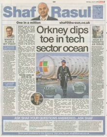 Newspaper scan featuring Shaf Rasul’s column on Microsoft’s underwater data centre in Orkney, high street closures, innovative start-ups, and the closure of Kiltr.