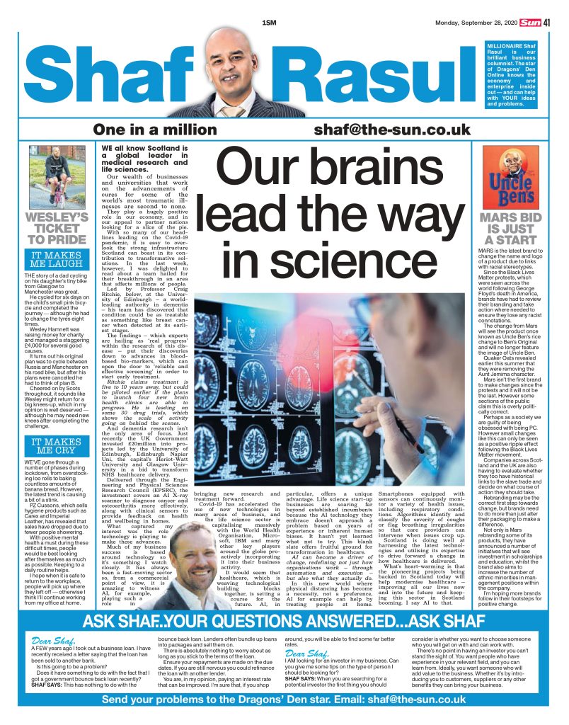 Full-page scan of Shaf Rasul’s 28 September 2020 column in The Scottish Sun, highlighting Scotland’s dementia research and technology-driven healthcare innovations.