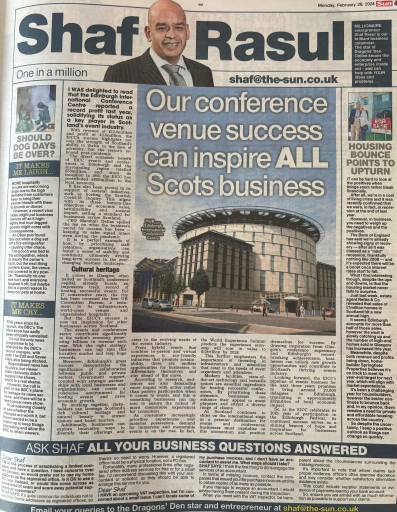 Column page layout with editorial on Scotland’s booming conference sector, sidebar covering property resilience, a funny dog-in-pub mishap, and commentary on BBC Scotland’s news programme cancellations.