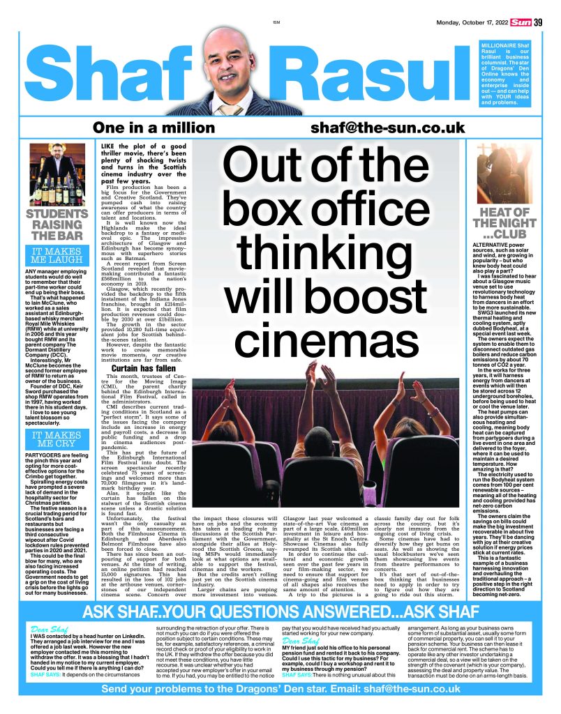 Full-page layout of Shaf Rasul’s column featuring stories on cinema closures and innovation, heat-harvesting Glasgow venue, a whisky entrepreneur’s full-circle journey, and festive hospitality fears.