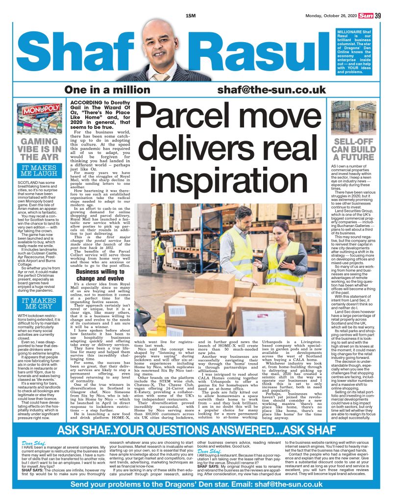 Full-page newspaper column featuring discussion on parcel collection services, business home adaptations, Monopoly board launches, and pandemic rule exploitation.