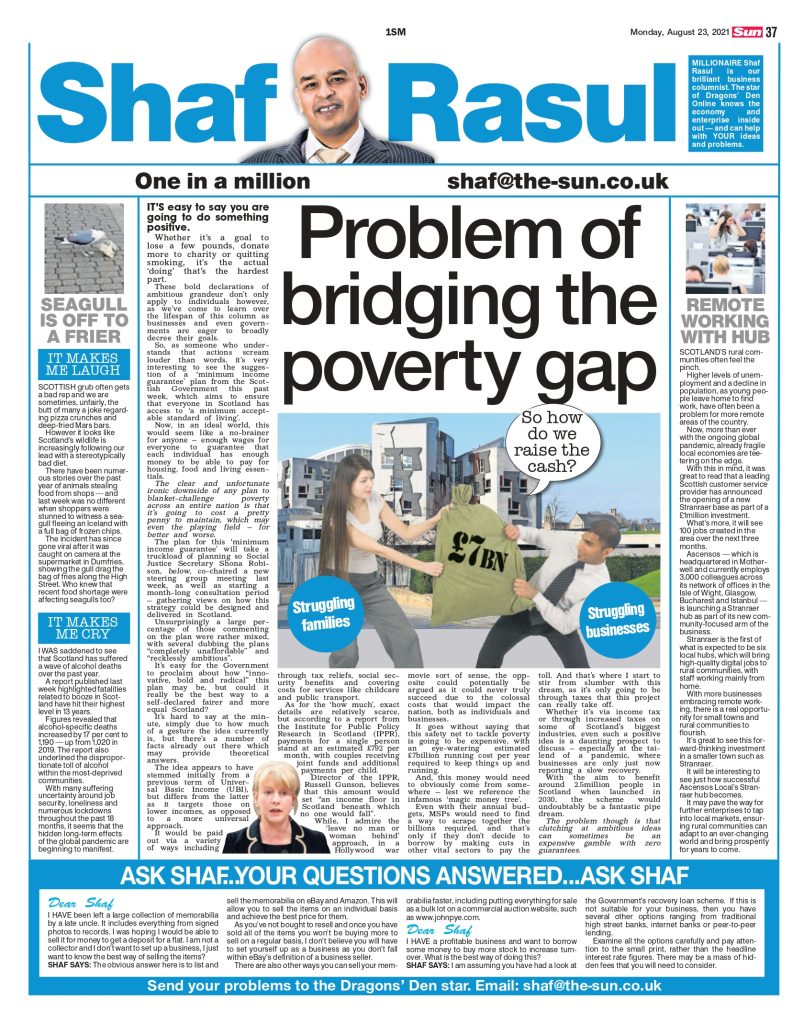 A full-page newspaper layout showing Shaf Rasul’s column, including sections on a poverty initiative by the Scottish Government, rural job creation in Stranraer, a chip-stealing seagull, and rising alcohol-related deaths.