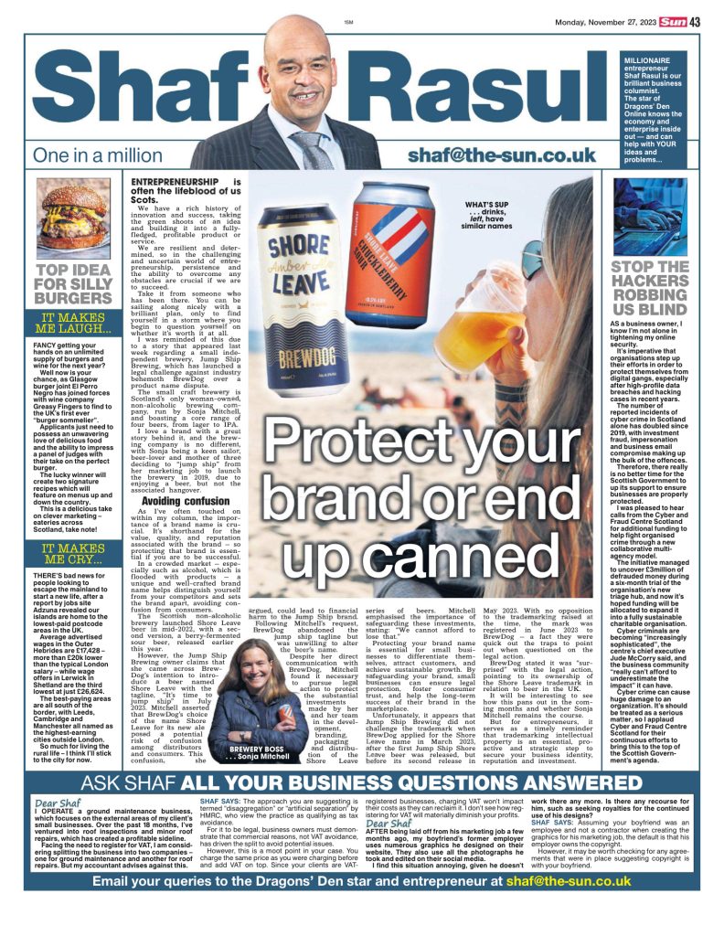 Full-page layout of Shaf Rasul’s column including stories on a branding dispute, cybercrime protection, a burger sommelier contest, and rural wage disparities