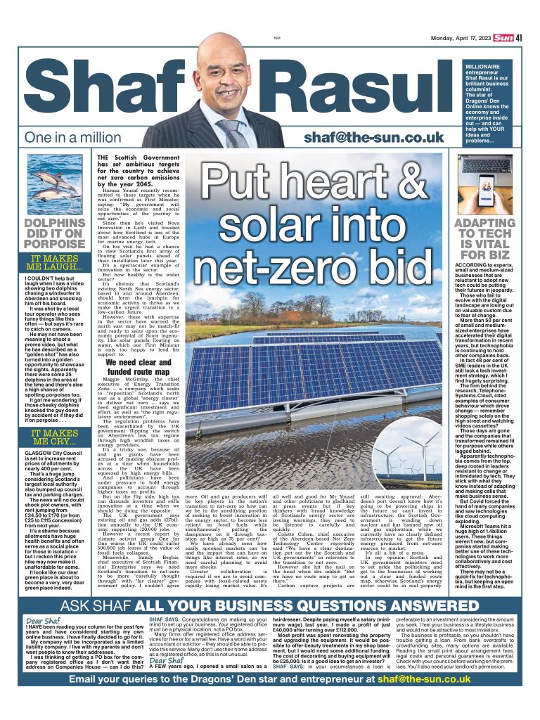 Newspaper column covering Scotland’s renewable energy policy, tech innovation in SMEs, dolphins disrupting a windsurfer, and a steep rise in Glasgow allotment rents.