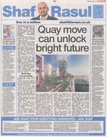 Scan of Shaf Rasul’s column discussing regeneration at Glasgow’s Custom House Quay and related topics including cycling, Brewdog, and phone masts.