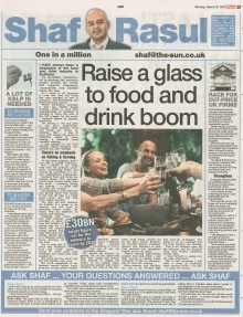 A newspaper page featuring the main column on Scotland’s food and drink boom and Ambition 2030, side notes on overseas business takeovers, a funny piece on The Kelpies’ maintenance, and a serious note on Sesame Street introducing an autistic character.