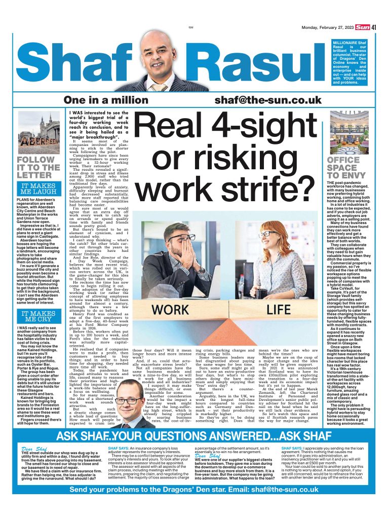 Full-page newspaper column featuring commentary on the four-day work week, hybrid offices, Aberdeen’s new landmark idea, and hospitality sector challenges.