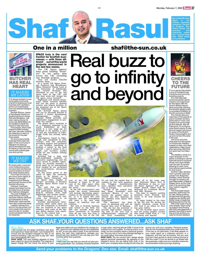 Full-page column layout discussing Scotland’s rapid growth in the space industry, whisky export developments, community goodwill from a Glasgow butcher, and the local impact of major film shoots.