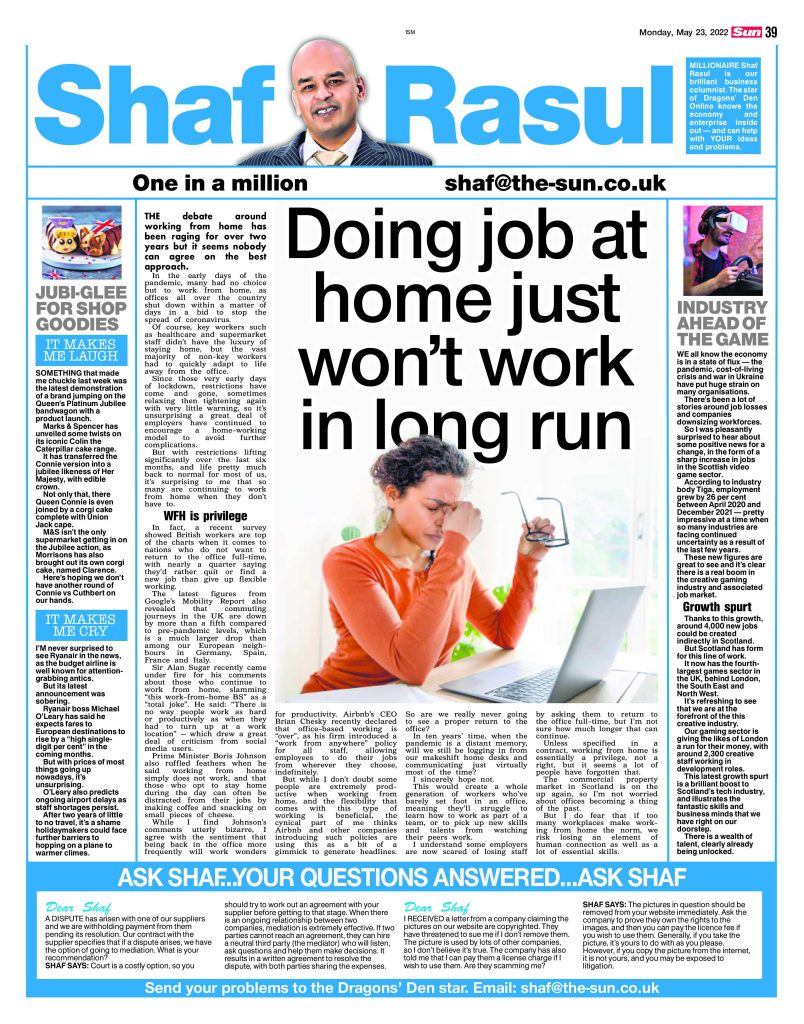 Full-page scan of Shaf Rasul’s business column discussing the future of working from home, Scotland’s gaming job boom, Jubilee marketing stunts, and Ryanair’s price warnings.