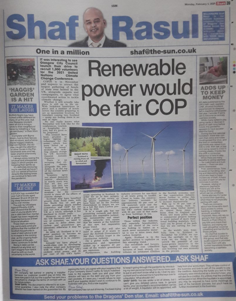 Newspaper column on Scotland’s potential to lead in renewable energy, the push toward timber-based construction, and the implications of a cashless future, with light-hearted and heartfelt side stories.