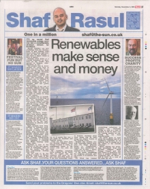 A newspaper column layout featuring the headline “Renewables make sense and money,” with sections on Scotland’s floating wind sector, philanthropic donations, festival culture, and the Clutha Bar tragedy inquiry.