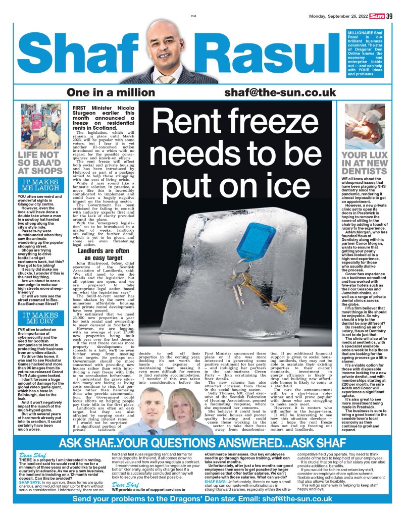 Full-page layout of Shaf Rasul’s Scottish Sun column, featuring a main article on rent freeze legislation, a sidebar on luxury dentistry, a humorous Glasgow sheep story, and a cyberattack news piece.