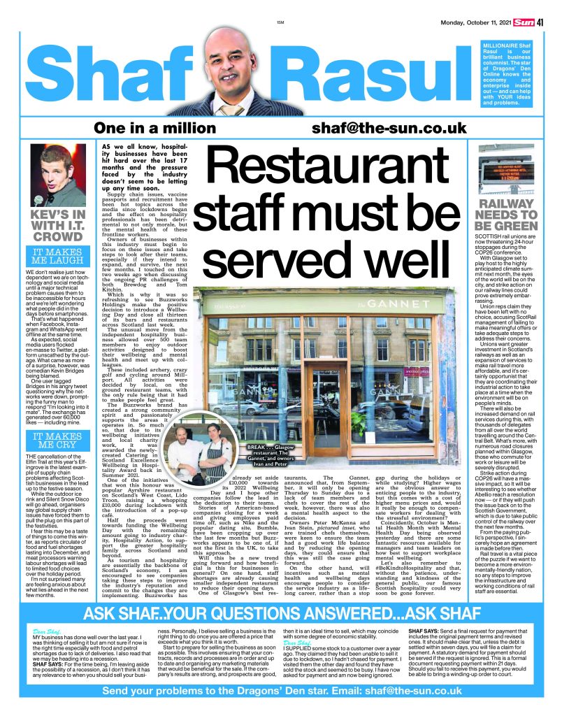 Newspaper page featuring Shaf Rasul’s column on hospitality wellbeing, COP26 rail strike threats, and seasonal shortages.