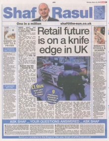 Scan of Shaf Rasul’s column discussing retail crime, Brexit stockpiling and high street closures affecting the UK’s retail sector.