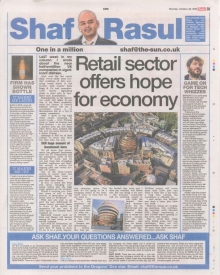 A newspaper column layout featuring the headline “Retail sector offers hope for economy,” with sections on job losses, new retail and gaming opportunities, Irn Bru’s classic recipe, and the downside of reality TV fame.