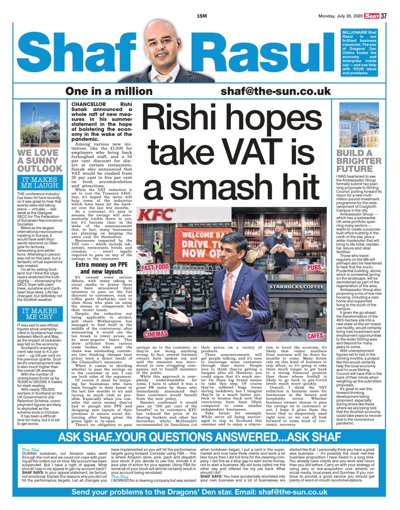 Newspaper page featuring Shaf Rasul’s main article on VAT cuts, sidebar on Stirling regeneration plans, and reflections on virtual events and unemployment rates