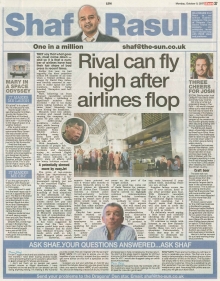 A full-page newspaper scan featuring Shaf Rasul’s column on the collapse of airlines, including Monarch and Ryanair’s issues, plus coverage of craft beer business success and happiness stats.