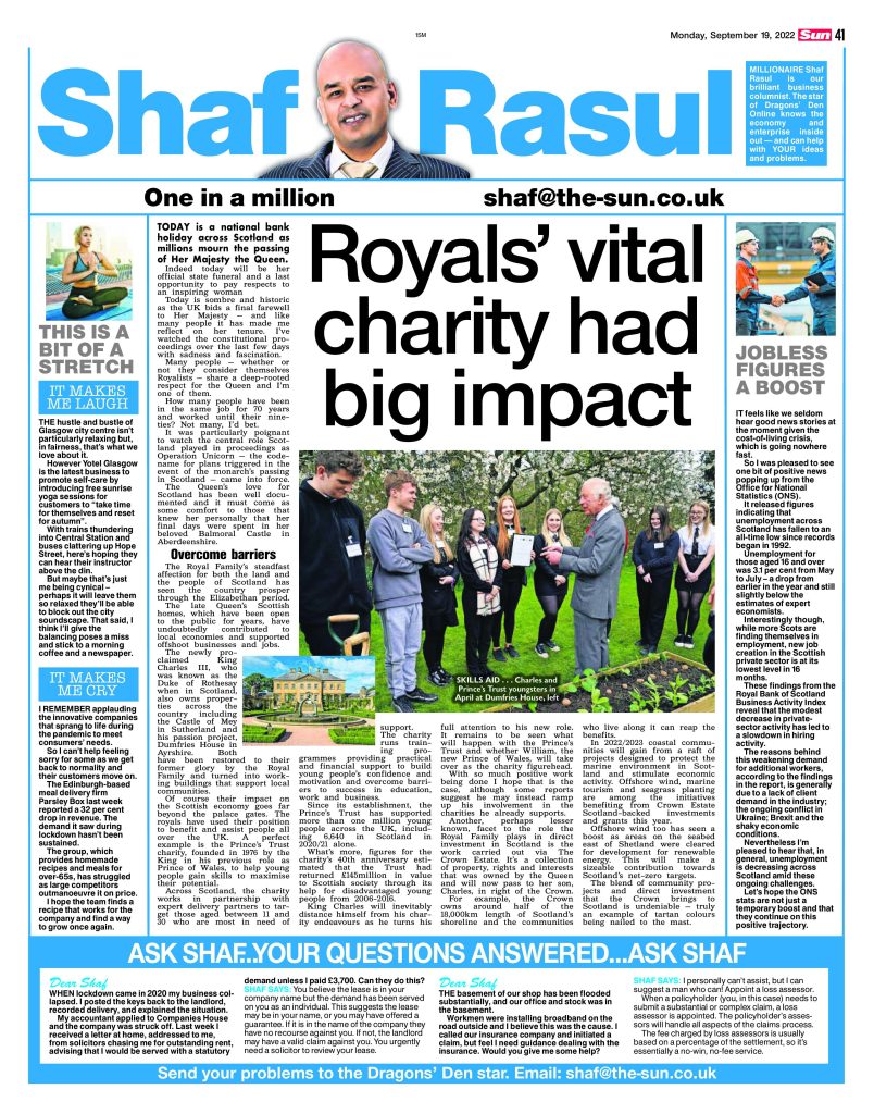 Full-page scan of Shaf Rasul’s business column from The Scottish Sun dated 19 September 2022.
