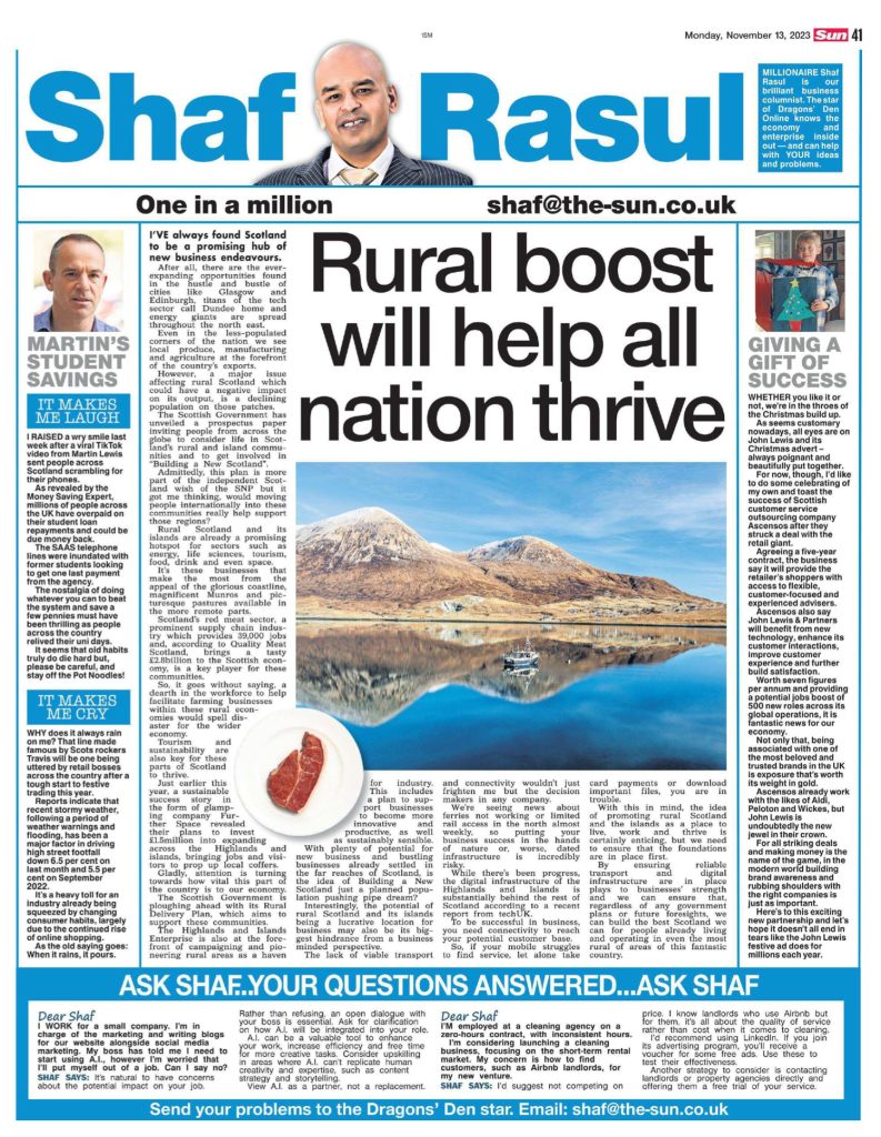 Full-page newspaper layout featuring Shaf Rasul’s column with four distinct sections on rural business, a tech deal, viral student loans, and struggling retailers