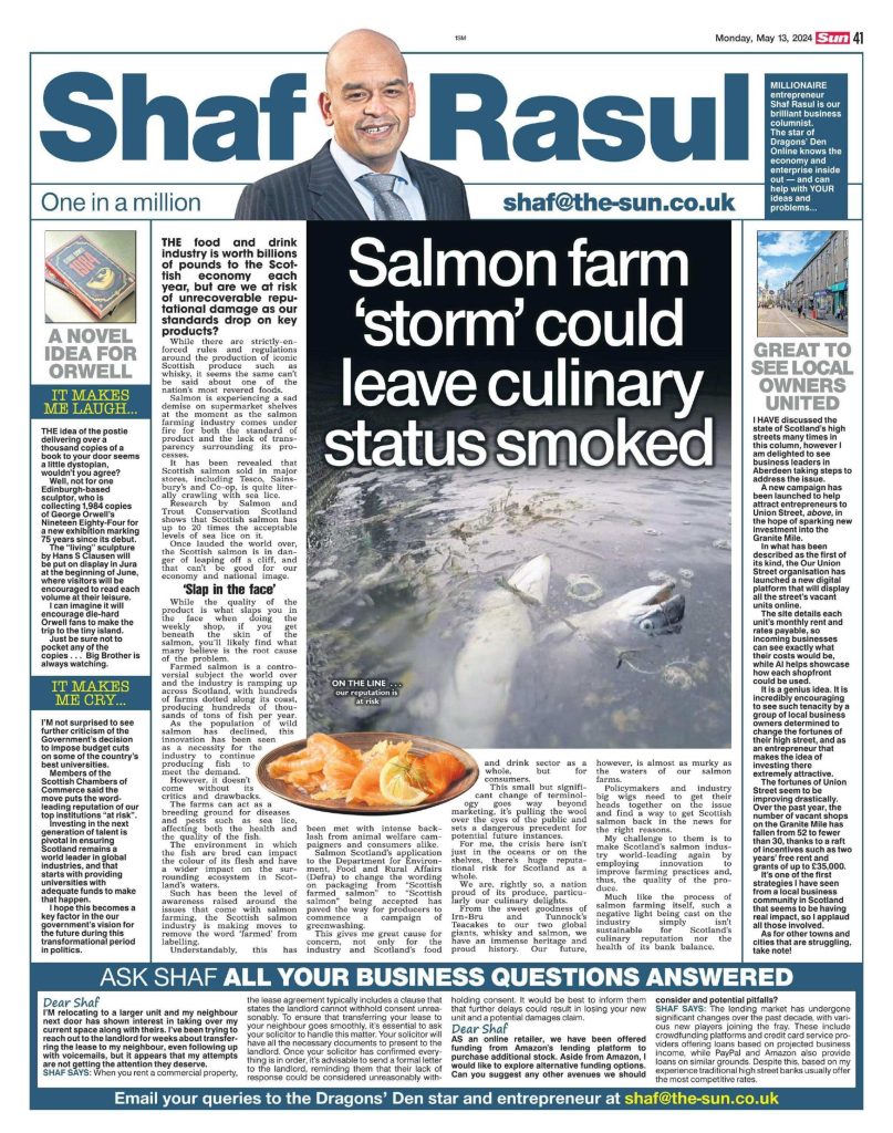 Full-page column layout with main article on salmon industry concerns, a side section on Aberdeen’s Union Street regeneration, a humorous take on a George Orwell book exhibit, and a reflection on university budget cuts.