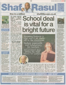A newspaper scan featuring Shaf Rasul’s column titled “School Deal is Vital for Bright Future,” exploring the government’s proposals to shake up education governance and qualifications in Scotland.