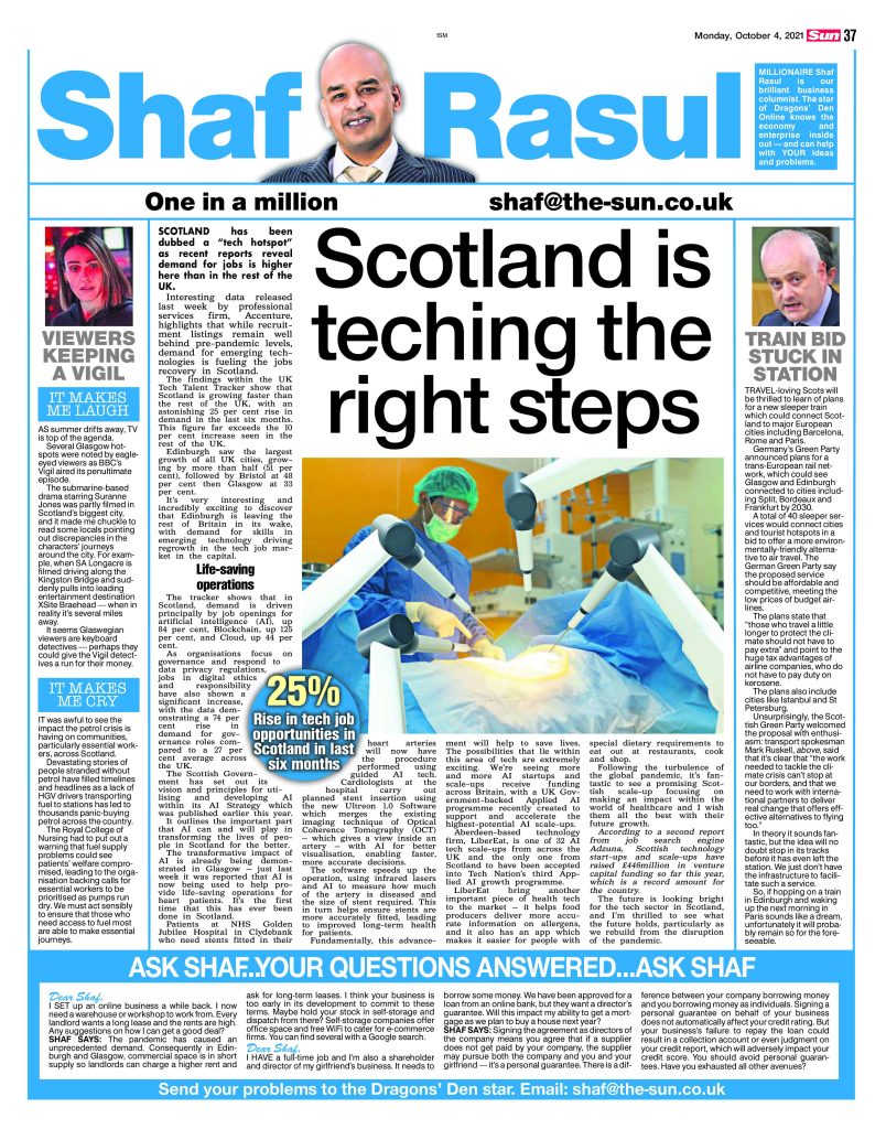 Full-page layout of Shaf Rasul’s newspaper column, covering Scotland’s booming AI and tech employment scene, sleeper train ambitions, panic fuel shortages, and Glasgow’s TV fame in Vigil.