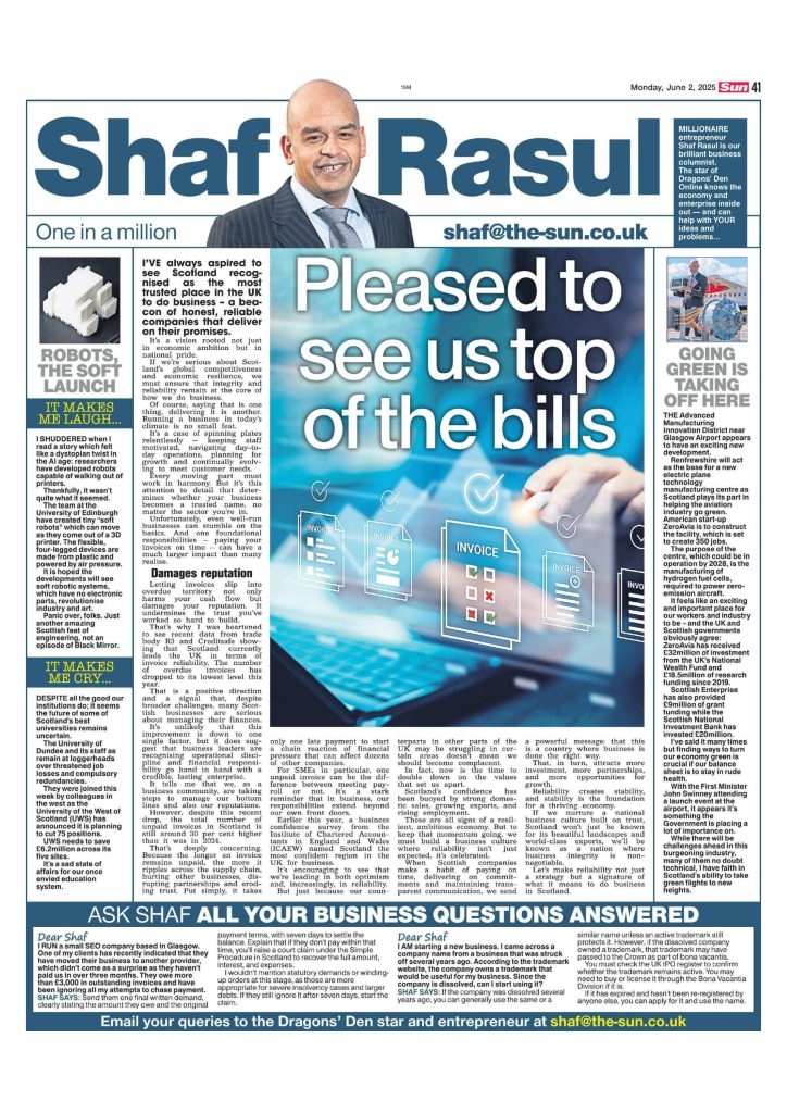 Column titled “Scotland Leads on Reliability,” covering invoice performance, green aviation innovation, robots from 3D printers, and cuts to Scottish universities.
