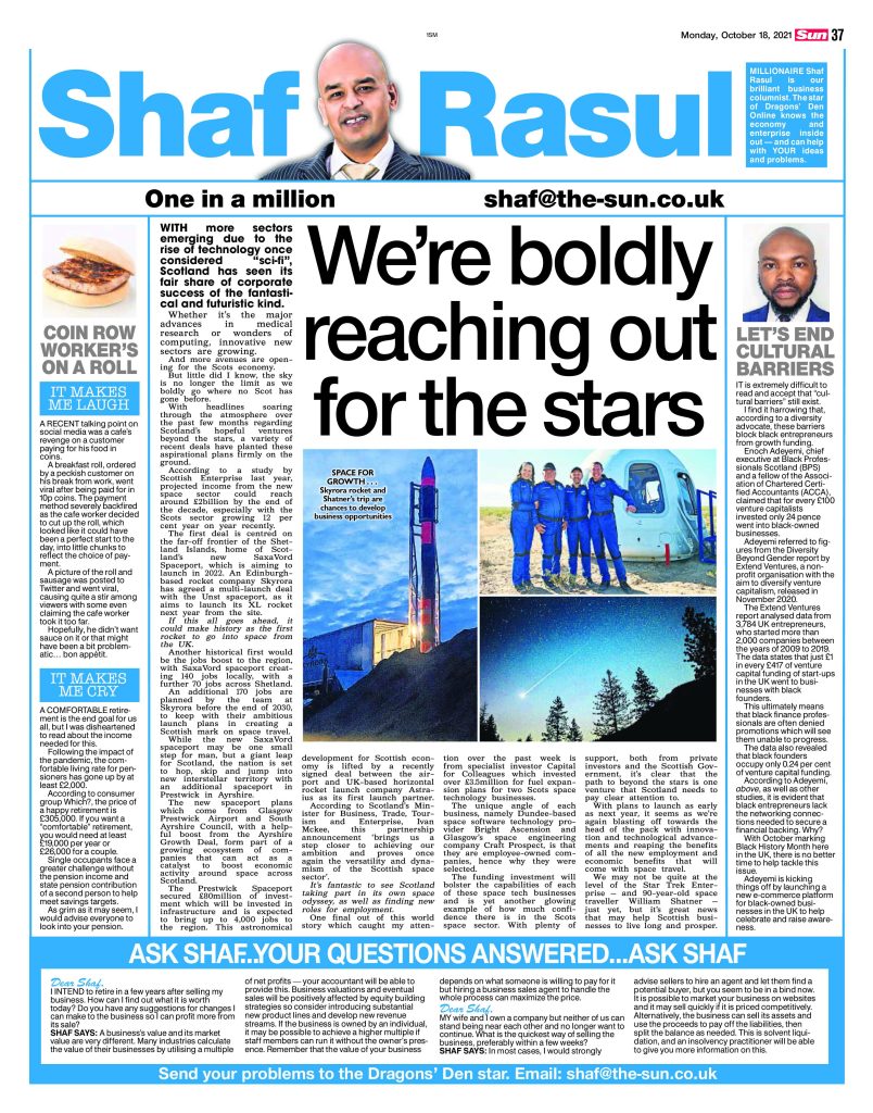 Newspaper column by Shaf Rasul discussing Scotland’s growing space sector, venture capital disparities, and retirement income gaps.