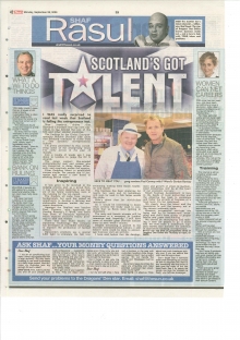 A full-page layout of Shaf Rasul’s column featuring stories of Scottish entrepreneurs, reflections on the Global Entrepreneurship Monitor Scotland 2008 report, and a section highlighting women in web-based entrepreneurship.