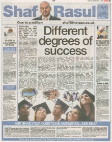 A newspaper page featuring Shaf Rasul’s column on Scotland’s universities, graduate employment, apprenticeships, innovative start-ups, and student impact.