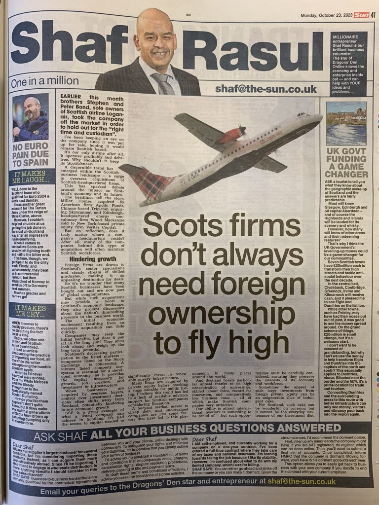 Newspaper column featuring commentary on Loganair’s decision to stay Scottish-owned, levelling up investment in overlooked towns, Scotland’s Euro 2024 qualification, and a nostalgic take on Scottish apples.