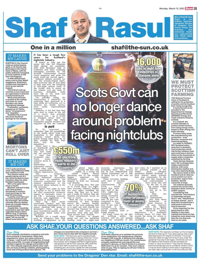 Newspaper column layout with lead story on the struggles facing Scotland’s nightlife industry, alongside farming sector energy concerns, a humorous flag gaffe in Sheffield, and news on Morton Rolls’ closure.