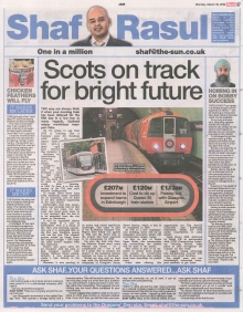 Scan of Shaf Rasul’s column discussing Scotland’s transport network upgrades and their impact on the economy and construction industry.