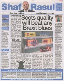 Scan of Shaf Rasul’s column discussing Scottish brands’ preparations for Brexit, stockpiling, and supply chain adaptations.