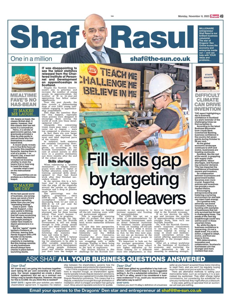 Newspaper column discussing falling apprenticeship rates in Scotland, business confidence challenges, a beans-on-toast how-to, and a PR mishap over an ageist marketing stunt