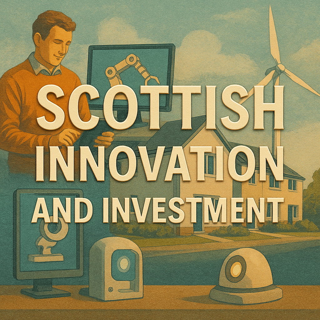 A generated image with the headline “Scottish Innovation and Investment” embossed over visuals of Scottish business successes, innovative technology, and modern property developments.