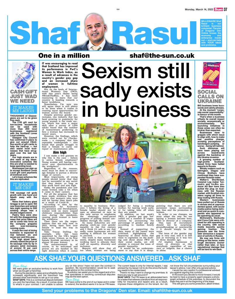 Full-page scan of Shaf Rasul’s column in The Scottish Sun featuring articles on sexism in the workplace, Scottish corporate pullout from Russia, Glasgow’s gift card scheme, and Greggs’ pricing changes.