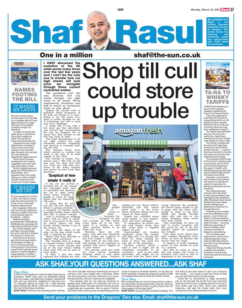 Full-page newspaper layout featuring the main column on till-less shopping, a sidebar on US tariffs and Scotch whisky, and short “Laugh” and “Weep” segments