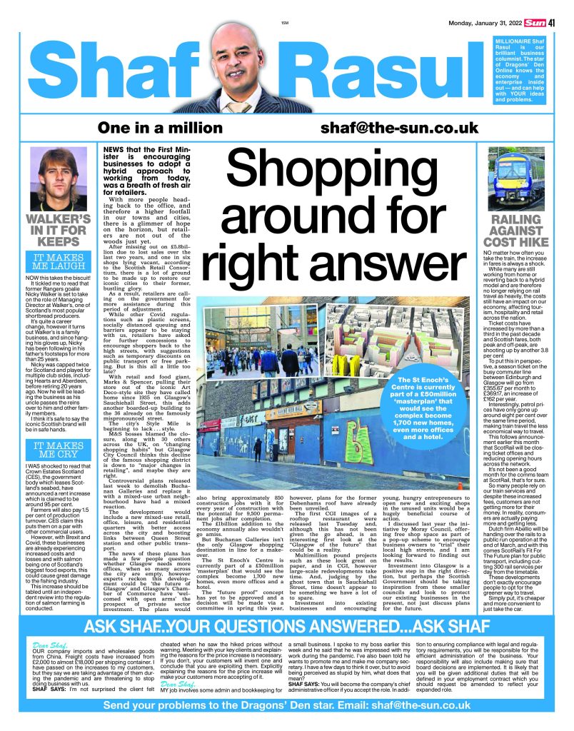 Full-page newspaper column featuring analysis on Glasgow’s retail struggles and regeneration plans, rising rail fare concerns, a light-hearted business succession story, and industry fears over seabed rent hikes.