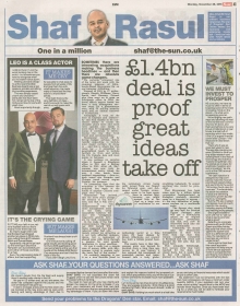 A newspaper page featuring the main column on Skyscanner’s £1.4 billion acquisition, side notes on UK innovation funding, humorous commentary on Scotland’s FIFA ranking, and a personal note on meeting Leonardo DiCaprio.