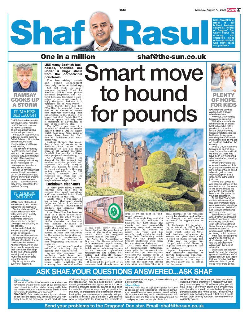 Shaf Rasul’s charity-focused newspaper column discussing COVID’s impact on fundraising