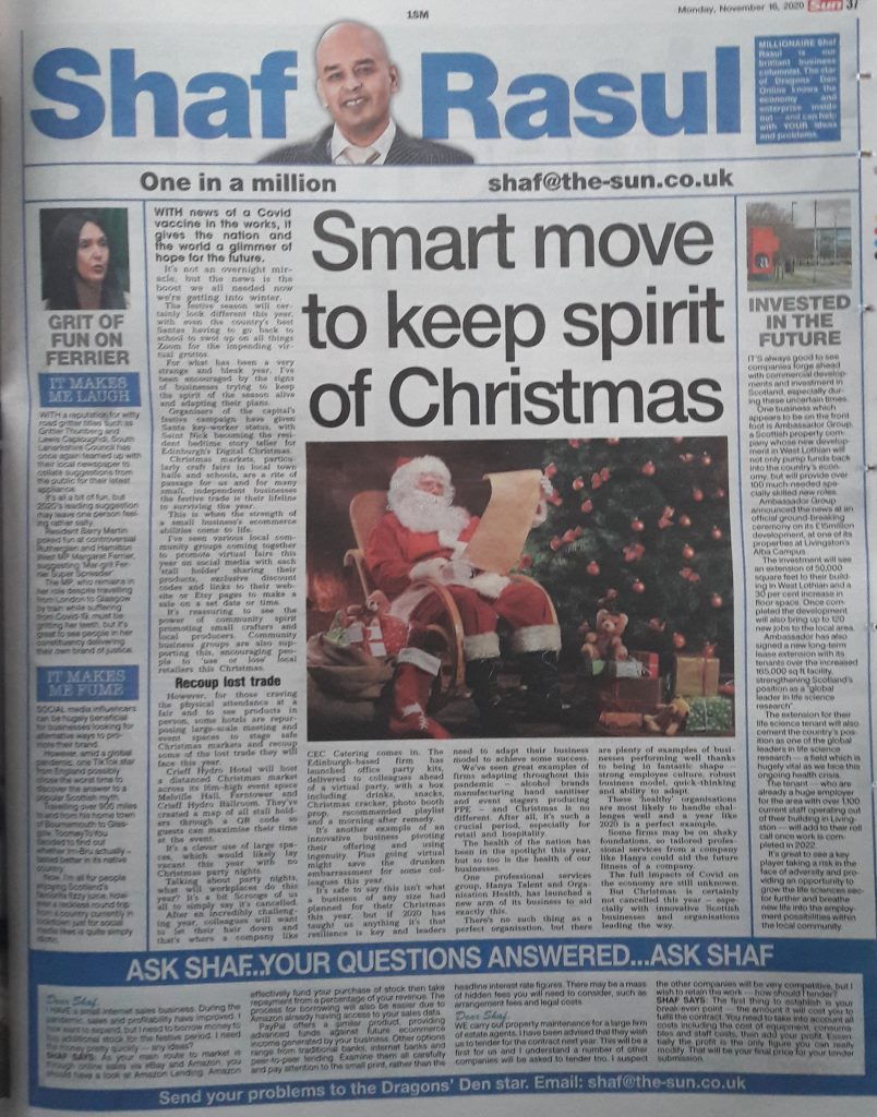 Newspaper column page featuring festive-themed business adaptations, sidebar on West Lothian’s life sciences development, and sections on witty gritter names and lockdown influencer missteps.