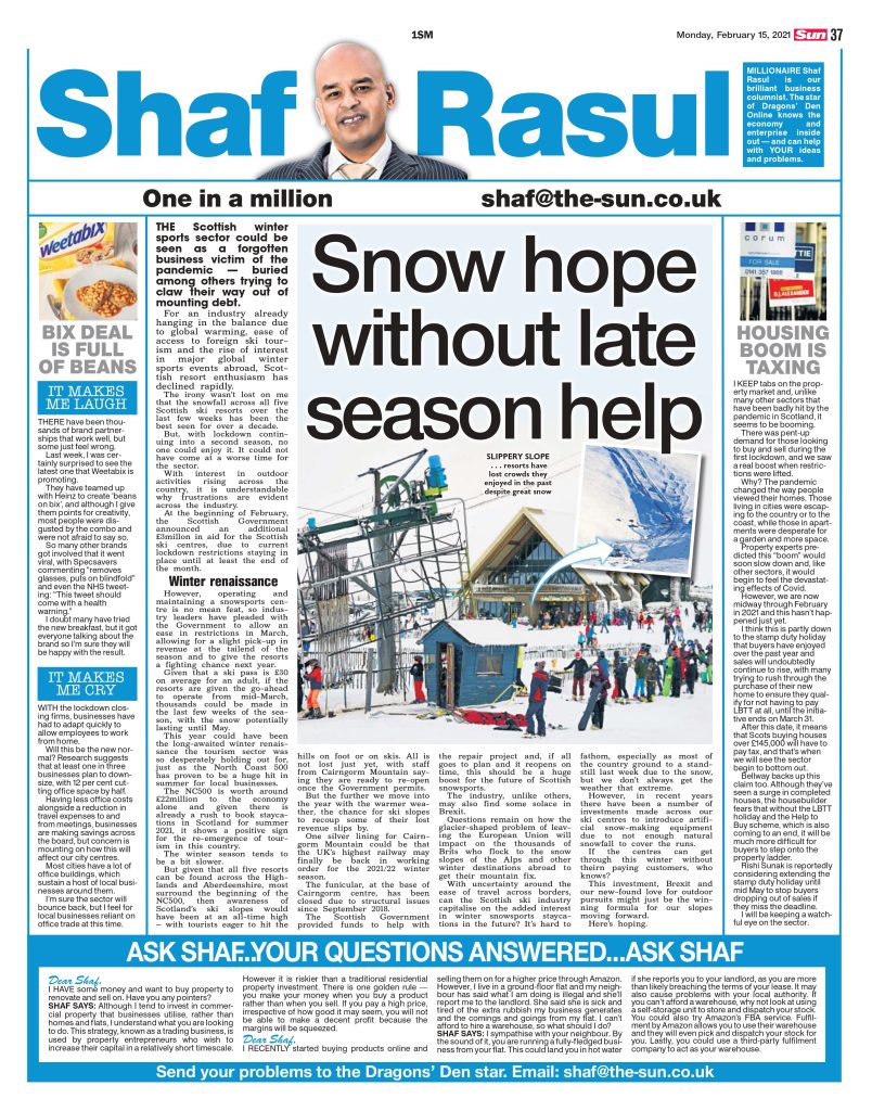 Newspaper column discussing the challenges facing Scotland’s ski resorts during the COVID-19 lockdown, housing market shifts from stamp duty changes, and social commentary on viral brand stunts and office downsizing.