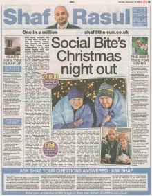 A newspaper page featuring the main column on Shaf Rasul’s CEO Sleepout experience, side notes on corporate giving at Christmas, a lighthearted Airbnb listing story, and commentary on ScotRail’s excuses for delays.
