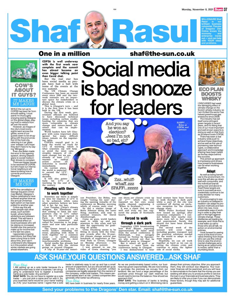 A full-page newspaper column covering COP26 moments, whisky industry emissions, festive cancellations, and light-hearted humour about Glasgow's pronunciation.