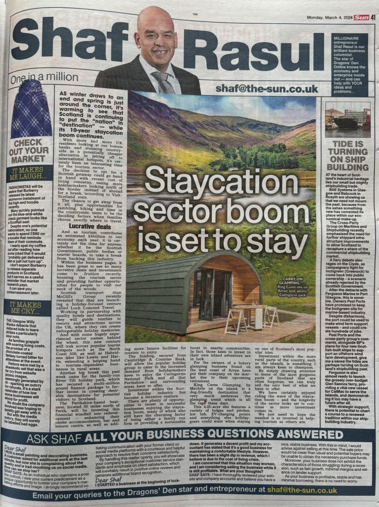 Newspaper layout including a central editorial on Scotland’s staycation tourism, a sidebar on shipbuilding’s potential revival, a laugh piece on fashion missteps, and a weep about the Glasgow Wonka event failure.