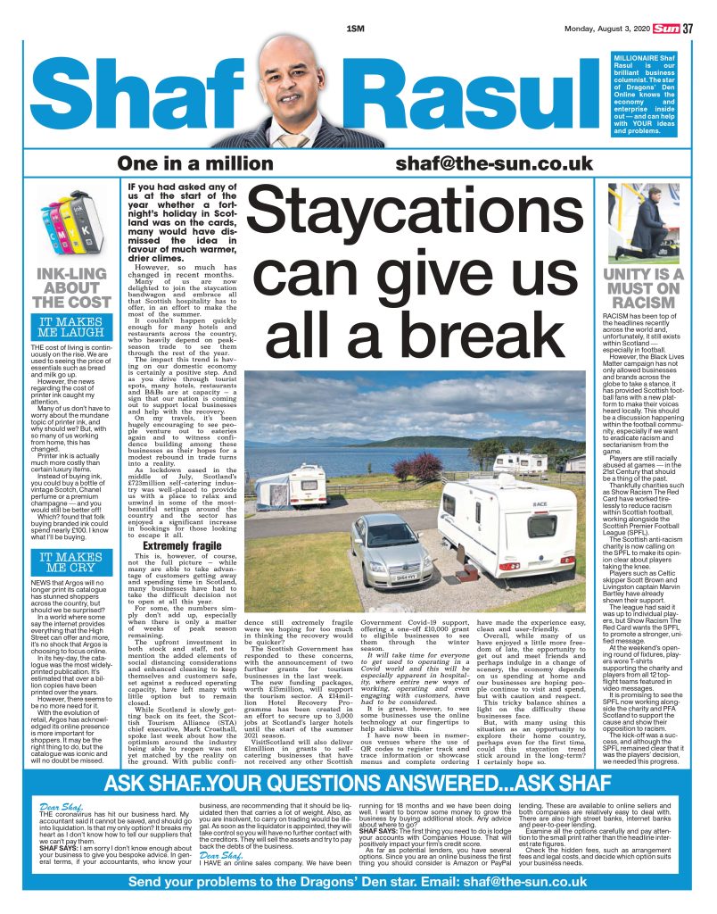 Newspaper page featuring Shaf Rasul’s column on Scotland’s staycation boom and tourism grants