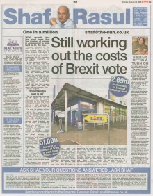A newspaper scan featuring Shaf Rasul’s column titled “Still Working Out the Costs of Brexit Vote” with sections on Scottish employment statistics, Brexit uncertainty, and business community reactions.