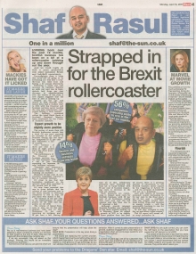 A newspaper page featuring the main column on Scottish business performance during Brexit, side notes on Scotland’s film industry boom, a humorous piece on ice cream consumption, and a serious note on parking fines in Dundee.