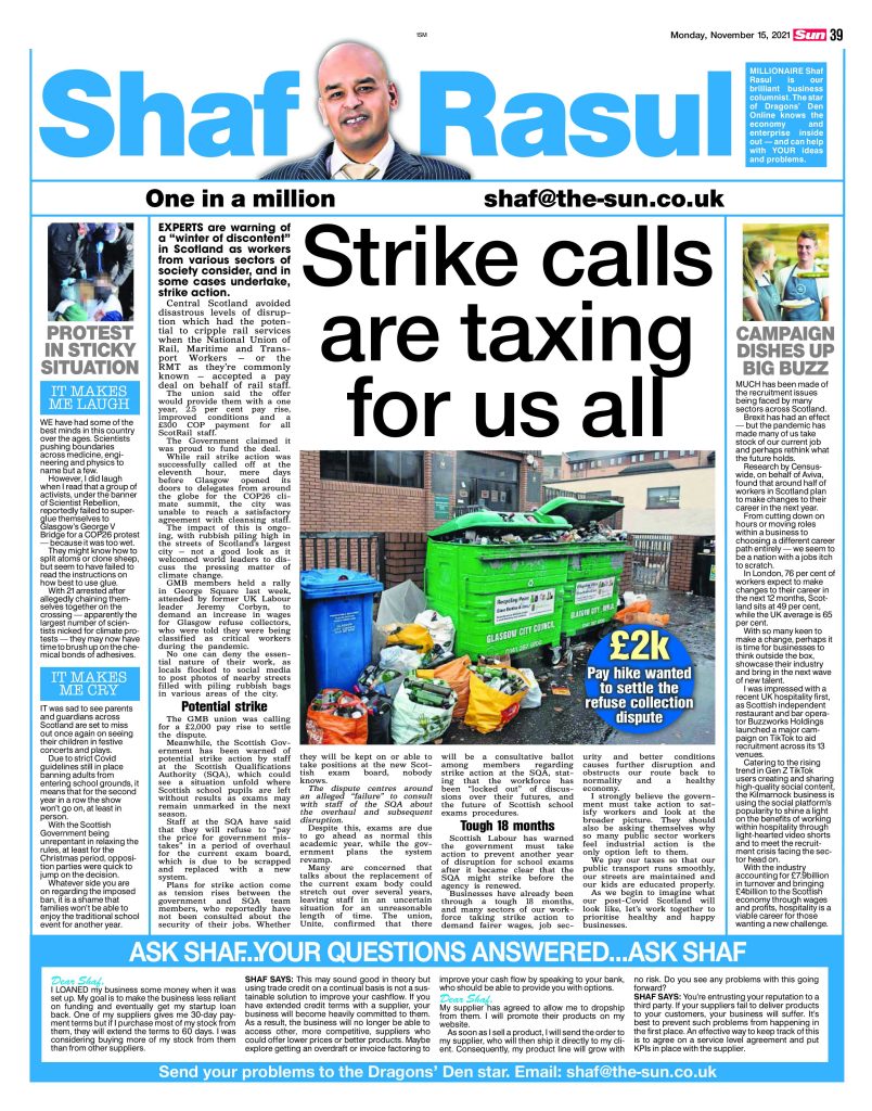 Full-page newspaper column layout with multiple sections discussing strikes, recruitment shifts, a COP26 protest mishap, and a festive school play ban.